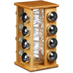 Bamboo <b>Spice</b> <b>Rack</b> <b>Rotating</b> Multi Tiered Wooden <b>Spice</b> Bottle Holder With Metal Lids For Kitchen Storage - Product Image 1