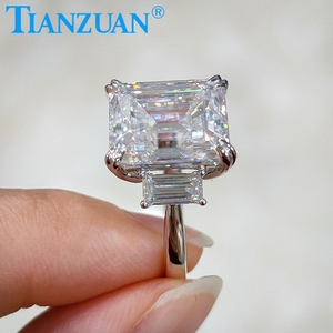 Anillo de plata de primera ley con tres piedras para mujer, sortija de compromiso, plata esterlina 925, diamante, Esmeralda, 8 quilates, 10x12mm - Product Image 3