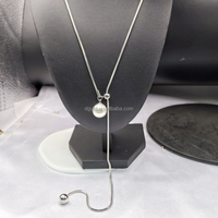 Kalung Lariat mutiara tertempel kalung rantai Y DIY kustom wanita kalung rantai ular Slider baja tahan karat emas mutiara gantung panjang