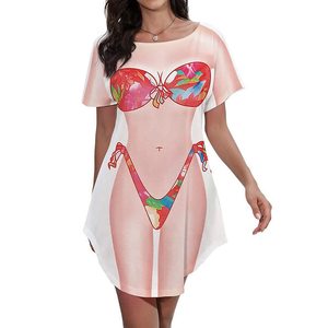 女性用ビキニプリント面白いTシャツ半袖ドレスルーズ水着カバーアップかわいいだぶだぶの楽しいウェアドレスビーチブラウス - Product Image 3
