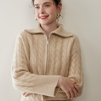Nouveau cardigan d'hiver confortable en cachemire torsadé pour femme, col roulé, fermeture éclair, élégant