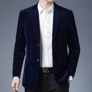 Blazer da <span class=keywords><strong>Uomo</strong></span> in Velluto a Coste Blu Gioiello con Colletto alla Coreana, Monopetto, Righe Verticali Blu, Stile <span class=keywords><strong>Elegante</strong></span> e di Alta Gamma - Product Image 1