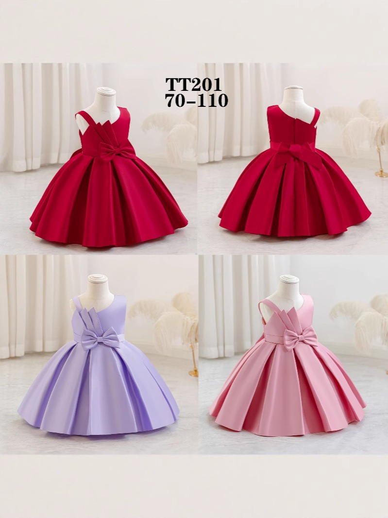 Sleeveless Satin Baby Girls' First Birthday Dress, Princess Party Outfit  for Toddlers 1-3 Years with Fluffy Bow, Knee-Length