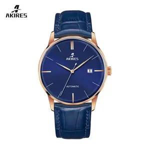 Merk Akires Heren Blauw Goud Self Winding Mechanische Horloge Lederen Horloges Mannen Luxe Custom Logo