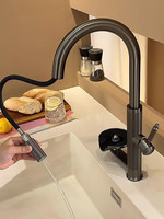 Robinet de cuisine noir haut de gamme à poignée unique avec douchette extractible à valve céramique, bec rotatif, mitigeur chaud/froid