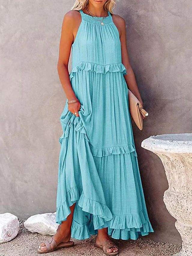 Summer New Resort Style Dresses Women Sleeveless Ruffle Long