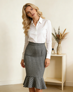 Falda Midi de Talla Grande para Mujer SWEET BABE con Diseño de Pata de Gallo - Cintura Alta y Corte Sirena para una Elegancia Natural en la Oficina y en el Día a Día - Product Image 3