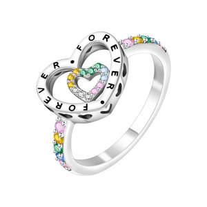Anello Forever Letter con Doppio Cuore e Zirconi Multicolore, Gioiello Unisex in Lega Placcata Argento per Regali di Anniversario e Matrimonio - Product Image 1