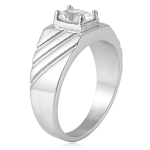 yunnique Fashion <b>Rings</b> Stainless Steel Geometric Design Prong Setting Unisex Jewelry Gift <b>Silver</b> White Stone - Product Image 3