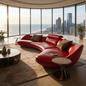 Divano Moderno Italiano di Lusso in Pelle Rossa, Set di Divani Curvi, Grande Divano Rotondo per Salotti di Ville di Lusso, Uffici e Lounge - Product Image 5
