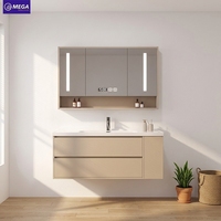 Kabinet Cermin LED Pintar Motif Kayu untuk Kamar Mandi, Terpasang di Dinding, Dilengkapi Wastafel Keramik, Langsung dari Pabrik, OEM ODM untuk Hotel