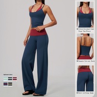 Ensemble de yoga 5 pièces pour femme, haut court dos nu effet deux pièces, pantalon évasé taille haute, dos ajouré, pour la gym et le fitness, vente en gros OEM