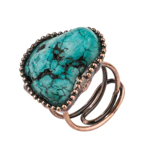 Bague ouverte en laiton naturel bleu Turquoise, bijoux en laiton réglable pour femme, anniversaire de mariage