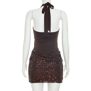 Viviblook J26DS293 Vestido de fiesta mini ajustado para mujer, sexy, sin mangas, con cuello halter, cordones, escote bajo, sin espalda, con lentejuelas y plisado, novedad de verano - Product Image 4