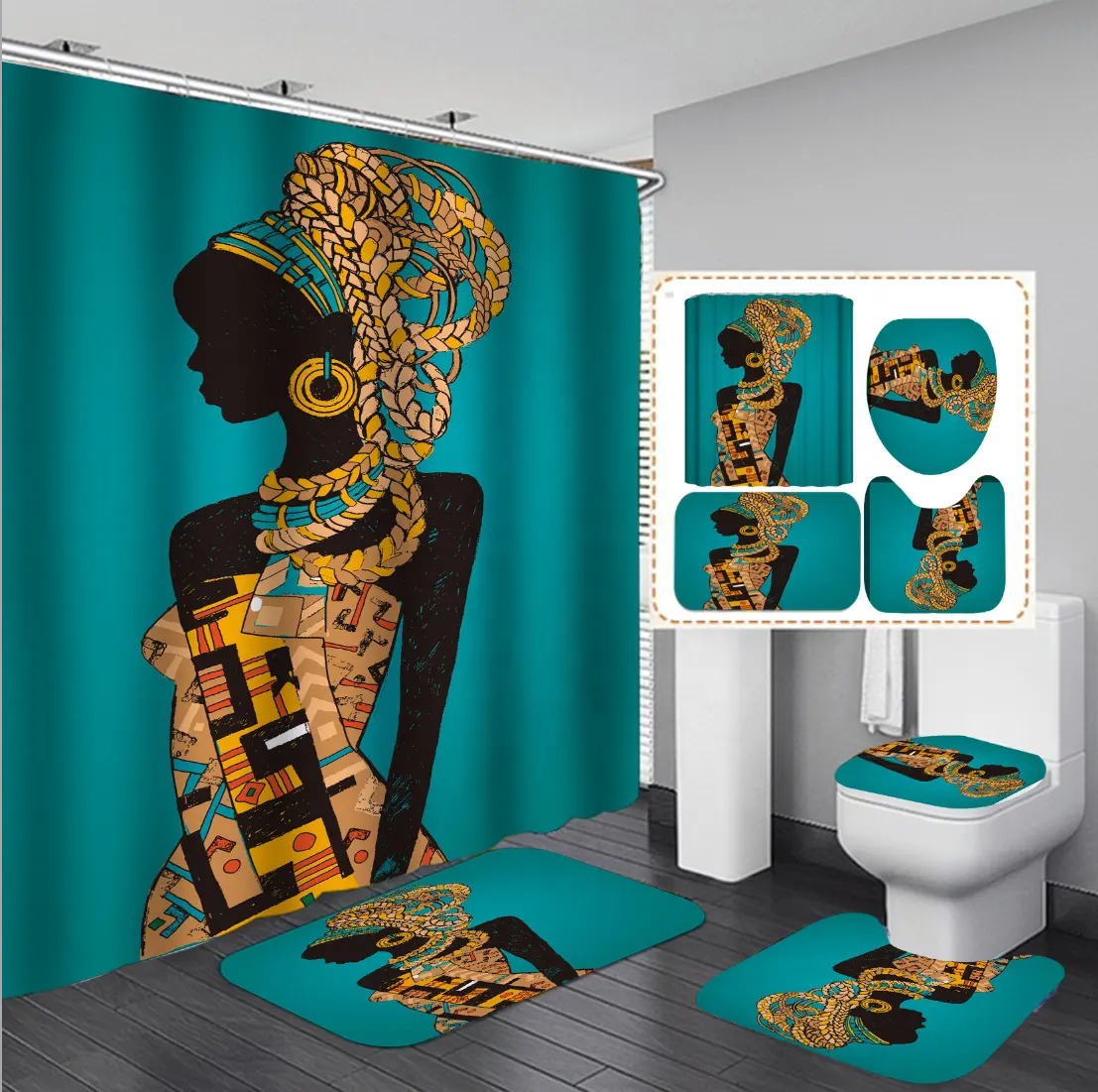 Set Tirai Mandi Wanita Amerika Afrika 3d Kustom Tahan Air Set Tirai Mandi dengan Karpet dan Karpet