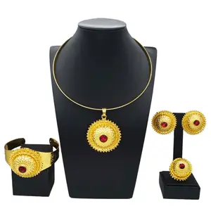 Zhuerrui Simple 24K Gold Plated Jewelry Sets Red Big Bead Necklace Bracelet Jewelry Set Latest Woman Party Gifts HD16010806