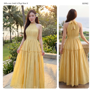 Vestido Maxi de Gasa Arrugada Sólida para Mujer con Cuello Halter, Sin Mangas, Estilo Fluido, Línea A, para Resort, OEM ODM, Venta al por Mayor, Fabricante de Vietnam - Product Image 3