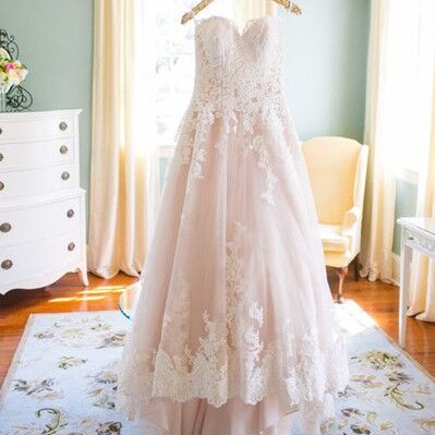 light pink wedding dress lace Pink Blush Long Sleeve applique wedding dress with Illusion Back, D Ruffles, Lace Applique, and Sweep Train