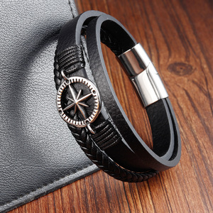 Black leather cord cowhide <b>men's</b> double-layer stainless steel woven bracelet handmade multi-layer leather <b>bangle</b> - Product Image 3