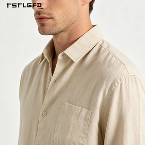 Chemise à manches longues en mélange de lin et de coton pour homme, col classique, couleur unie, élégante, style Old Money, décontractée pour la plage et les vacances - Product Image 3