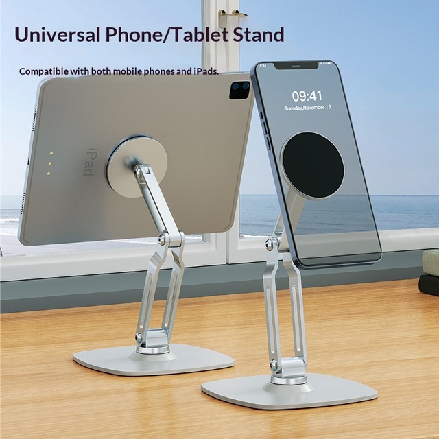 Magnetic 3-Axis Foldable Tablet Phone Stand 360 Rotatable Metal Desk Holder Aluminum Alloy Base Adjustable Mount iPad