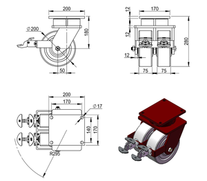VIMA 8in Extra <span class=keywords><strong>Heavy</strong></span> <span class=keywords><strong>Duty</strong></span> Durchmesser 200mm MC Nylon Schwenk brems rolle Last 3500kg Rote Doppel räder European <span class=keywords><strong>Heavy</strong></span> <span class=keywords><strong>Duty</strong></span> <span class=keywords><strong>Caster</strong></span> - Product Image 3