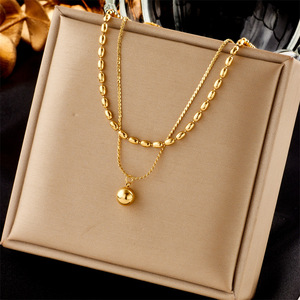 Double Layered Beaded Pendant Necklace Gold Chain Ball Shape Geometric Design Clavicle Jewelry Fashion Minimalist Style - Product Image 1