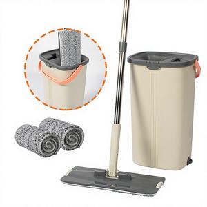 Ensemble seau et serpillière en acier inoxydable pour gain de place, essorage automatique, manche extensible, sans rinçage, microfibre antibactérienne - Product Image 1