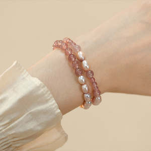 Natural Freshwater Pearl <b>Bracelet</b> with Strawberry Crystal Splicing Beaded <b>Stacked</b> Jewelry Handcrafted Bangle - Product Image 1