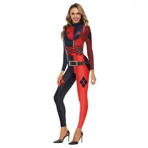 Hot Een Stuk Lange Mouw Sexy Vrouwen Rode En Zwarte Clow Patroon Cosplay Jumpsuits Print Halloween Kostuums Strakke Bodysuit