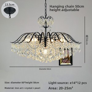 Lustre LED <span class=keywords><strong>vintage</strong></span> français de luxe en fer noir avec perles de cristal, garantie de 2 ans pour salon, salle à manger, chambre à coucher - Product Image 6