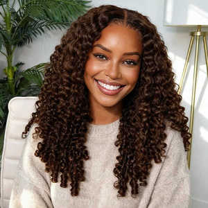 Peluca de Cabello Humano Rizado Birmano con Cordón Ajustable, Color Marrón Chocolate, Sin Pegamento, Línea de Cabello Natural, Pelucas para Mujer - Product Image 1