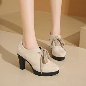 Pure Color <b>Tie</b> <b>Back</b> Thick Heel Fashion Pointed Toe Flats Women's Model Autumn Elegant Plus Size High Heel Flats - Product Image 2