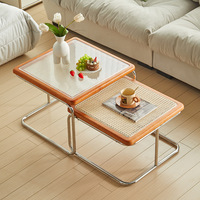 Table basse moderne créative mère-enfant, plateau en verre trempé et rotin, structure en acier inoxydable, bords arrondis, pour salon