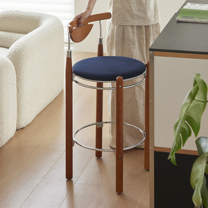 Nordic Style Bar <b>Stool</b> Wood Frame Sapphire Blue Seat Stable Design For Kitchen Counter - Product Image 3