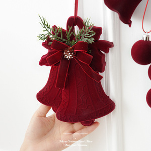 Ornements de Noël en velours rouge LINGKAI, cloches floquées avec nœuds, pendentifs suspendus pour porte, mur, arbre, décoration de fêtes - Product Image 3