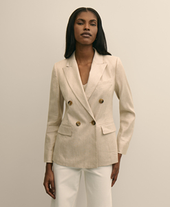 Blazer croisé pour femme en tissu de lin naturel personnalisé, col à revers cranté, coupe ajustée, beige, veste de costume professionnelle pour femme avec poches à rabat - Product Image 3