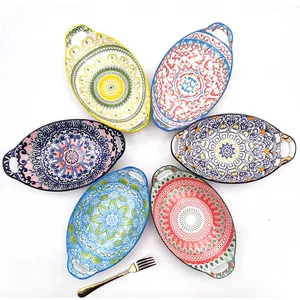 Bohemian moroccan style padprinting ceramic dinner plate oval bakeware baking tray with two handles for home kitchen