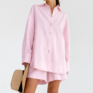 <span class=keywords><strong>Pigiama</strong></span> <span class=keywords><strong>Estivo</strong></span> da <span class=keywords><strong>Donna</strong></span> in Cotone a Maniche Lunghe, Tinta Unita, Rosa, Vendita all'Ingrosso - Product Image 4