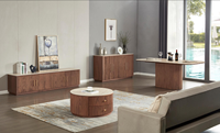 Table basse moderne cannelée avec structure en placage de noyer et plateau en pierre frittée de travertin jaune, 2 tiroirs de rangement, pour salon