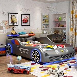 Lit de voiture moderne pour enfants avec roues lumineuses LED et fonction de rangement, lit de voiture de course rembourré pour garçons - Product Image 4