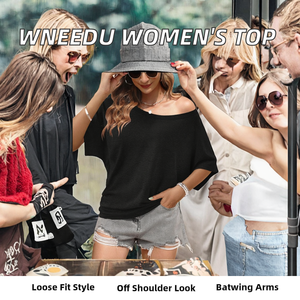 WNEEDU เสื้อเชิ้ตแขนยาวผู้หญิงสำหรับฤดูร้อน ทรงหลวม ปิดไหล่ แขนทรงปีกค้างคาว คอทรงโอ ปักลายลำลอง ผ้าสแปนเด็กซ์ สีดำ ไซส์ L - Product Image 2