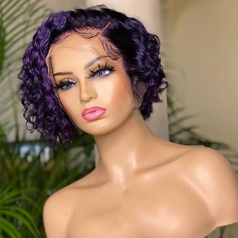 Purple Color Pixie Cut Wigs Human Hair Pre Plucked Brazilian Virgin Hair Short Pixie Bob Wigs Bleached Knots for Woman