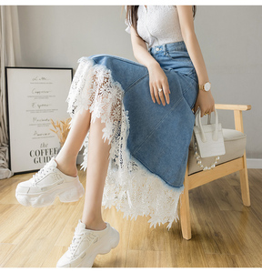 Wholesale 2026 Summer New Fashionable Mid Length High Waisted Slimming Pleated A-line Lace <strong>Patchwork</strong> Denim Women's <strong>Skirt</strong> - Product Image 1