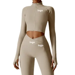 Ensemble 3 pièces pour femmes Gym Yoga Wear Workout Seamless Long Sleeve Sports Suit Hoodie Yoga Set avec Sports Bras