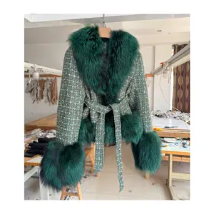 RX Furs Plus Size New Design Elegant Belt Wool Trench Overcoat Long Tweed Cashmere Coat With Real Fox Fur Collar Cuffs