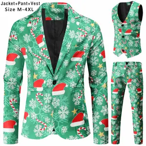top quality hat Santa print suits man Christmas snowman jacket vest pants 3 pieces set