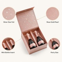 Boîte cadeau mini champagne personnalisée double bouteille en carton rose doré perlé avec étoile argentée en feuille d'aluminium, format fête, emballage champagne