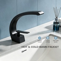 Robinet de salle de bain moderne monocommande noir mat en aluminium spatial avec bec courbé, à montage sur plan, monotrou, mitigeur eau chaude et froide