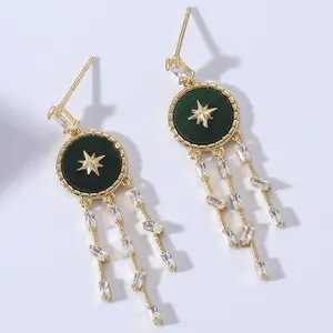 china wholesale fashion elegant zirconia emerald drop earing silver 925 Zircon european Party tassel statement earrings Women